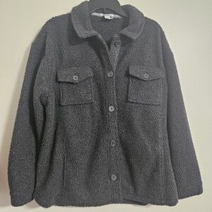 Fleece Sherpa heavy shacket fall fuzy warm oversize jacket button up grey sz L